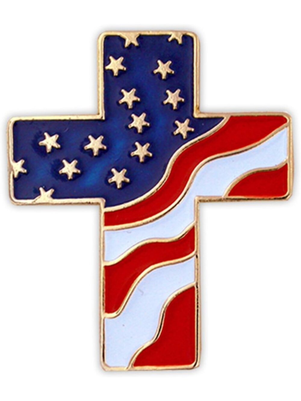 Patriotic Enamel Lapel Pin - Waving American Flag Cross - Secure Clutch Back for